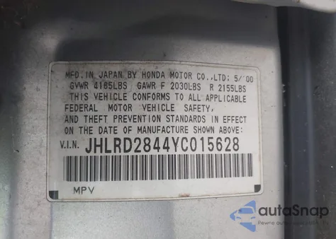 2000 Honda Cr-V Lx z USA, uszkodzony, nr VIN JHLRD2844YC015628